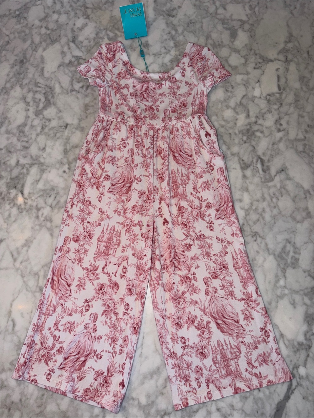 NWT Posh Peanut Pink and White Toile Girls' Wide-Leg Jumpsuit 2T